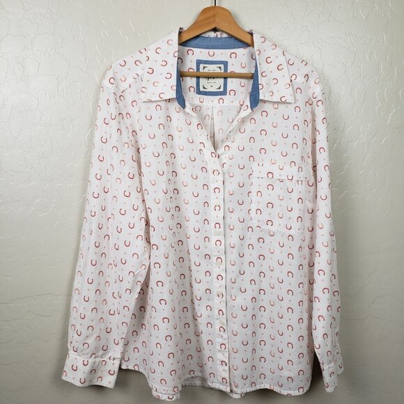 Style & Co Horseshoe Print Cotton Button Up Top White Size XL Equestrian Western - Picture 1 of 12